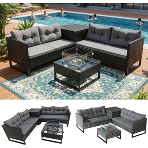 BIRCHTREE Rattan Furniture Set 4-Seater with Fire Pit Table Side Storage RFS11