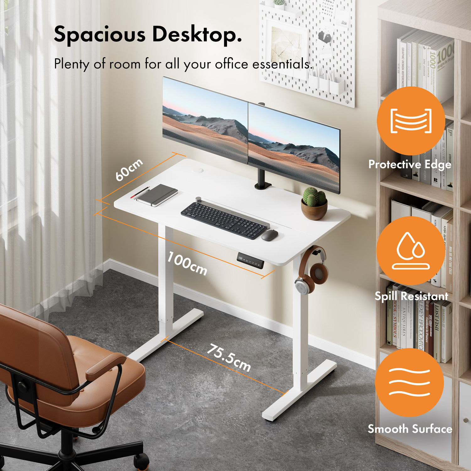 Small Electric Standing Desk With Height Preset - White Steel Particle Board Melamine