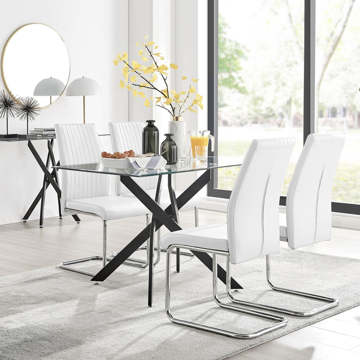 Furnitureboxuk Leonardo Black Leg Glass Dining Table With Four Lorenzo Chairs - White