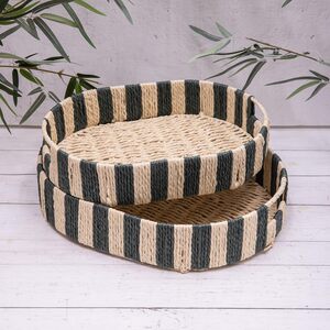 Green Natural Stripe Rattan Woven Serving Trays - Small