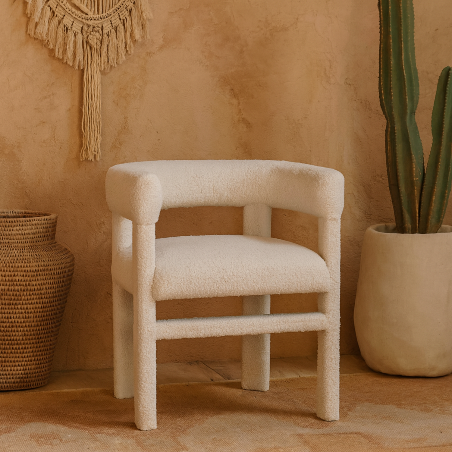 Sarlat White Bouclé Accent Chair - Mango Wood Frame - White
