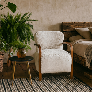 Luna Accent Armchair in Natural Faux Shearling with Walnut Arms