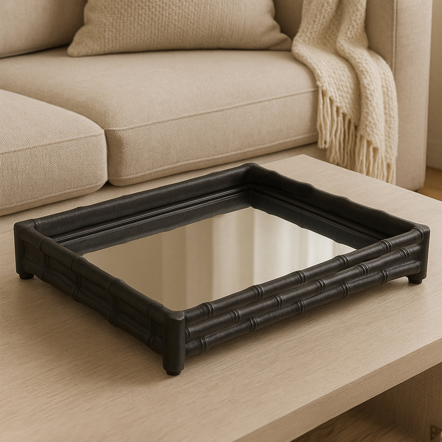 Hiba Black Finish Bamboo Effect Mirrored Tray - Black