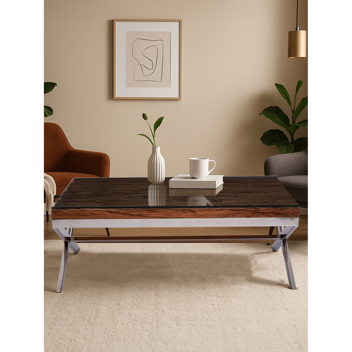 Kerala Natural Coffee Table With Cross Base - Silver