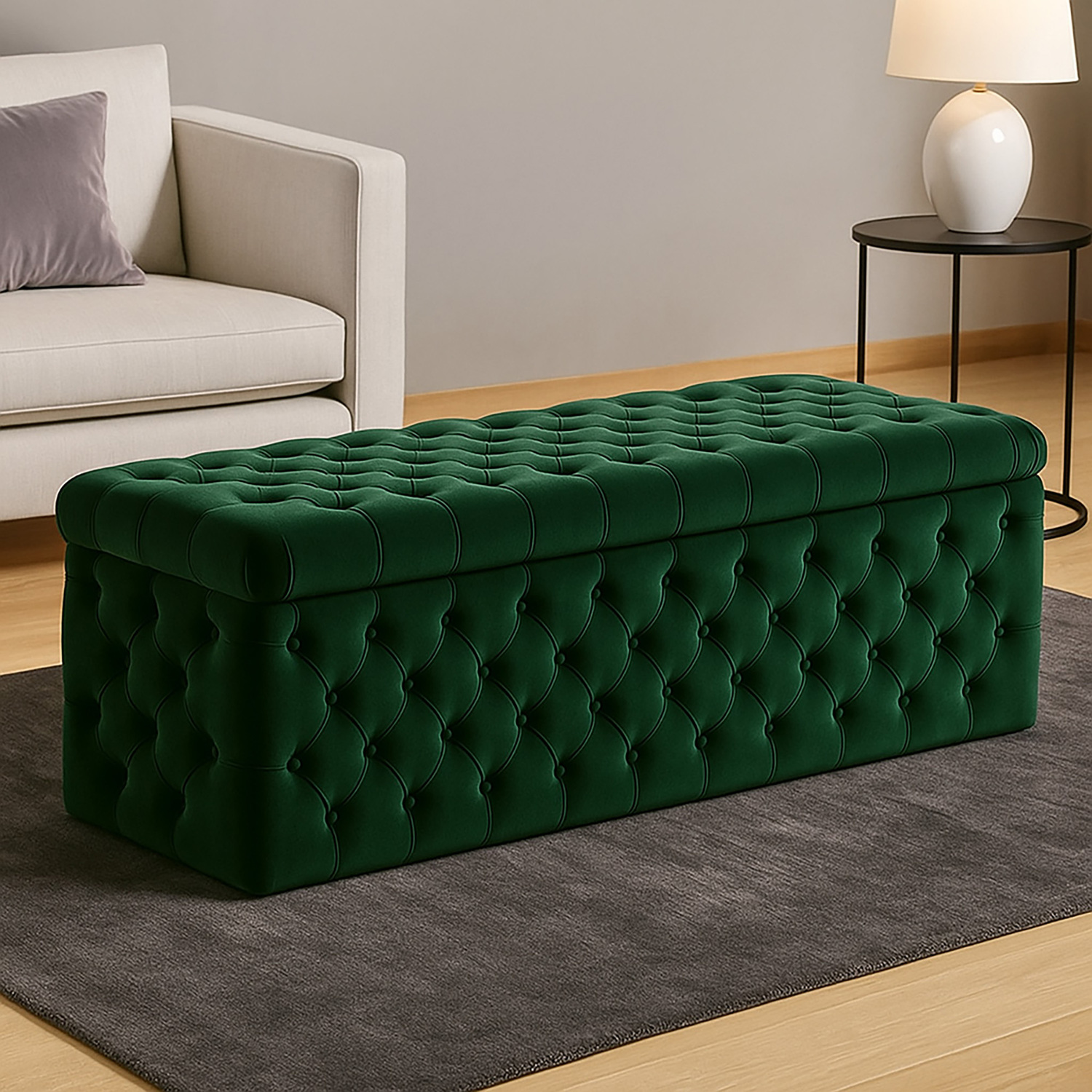 R&M Furnishers Wide Lux Ottoman Storage Box, Red Velvet Upholstered Chesterfield Storage Ottoman Box - Forest Green Plush Velvet