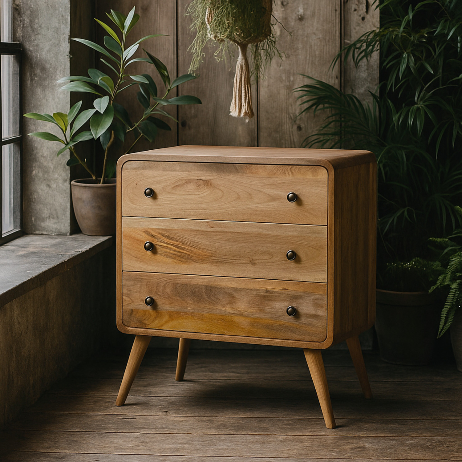 Urbino Curved 3 Drawer Chest Solid Mango Wood Finish - Brown