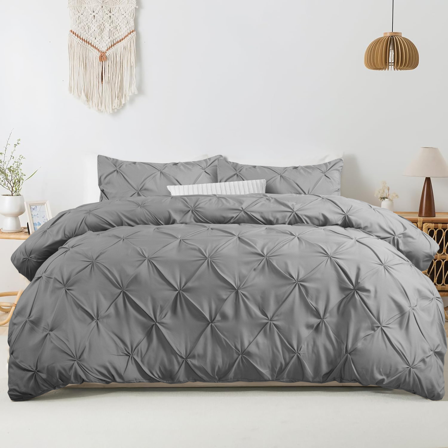 Elegant Pintuck Duvet Cover Set - Grey Double