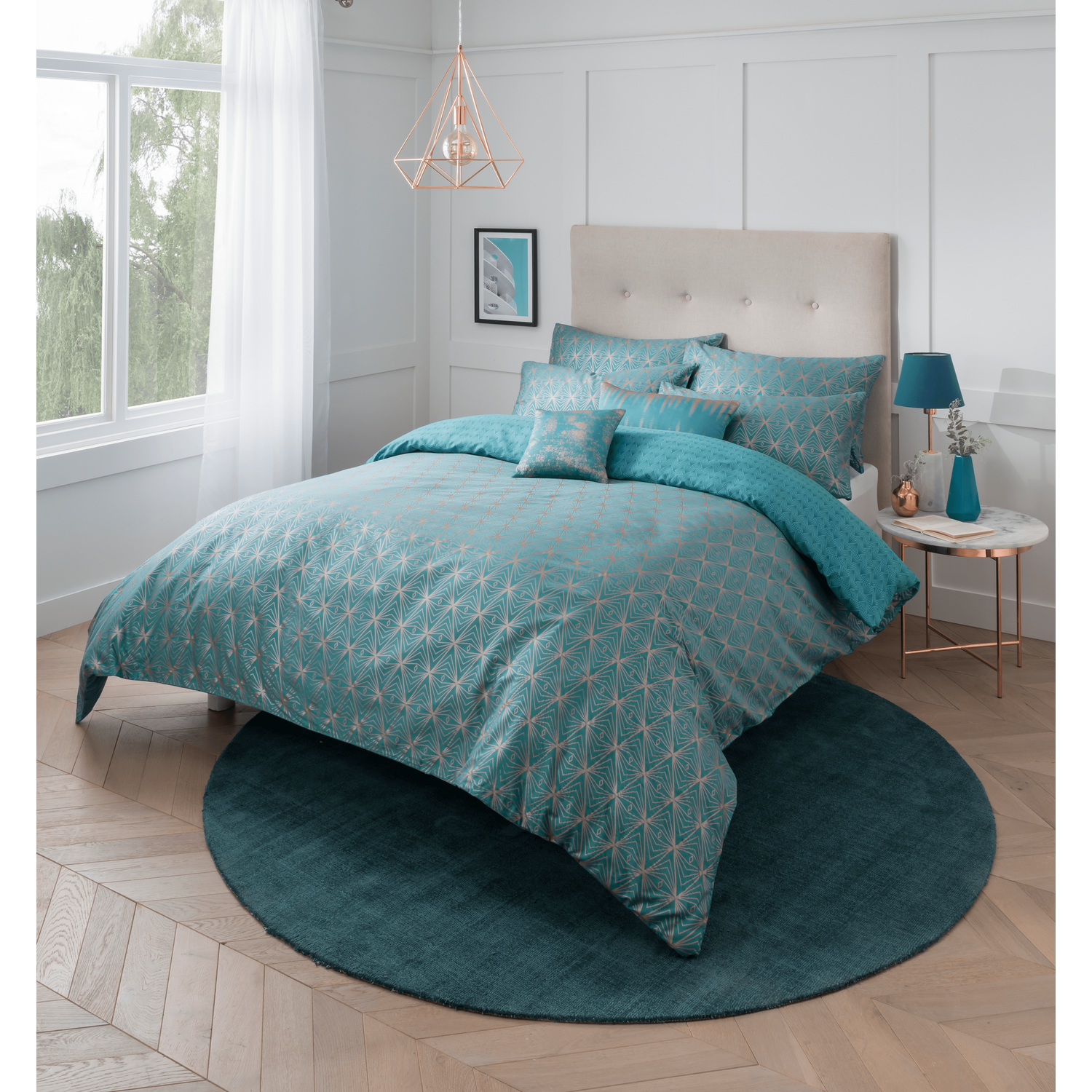 Caspia Teal Geometric Deco Reversible Duvet Set - Teal Double