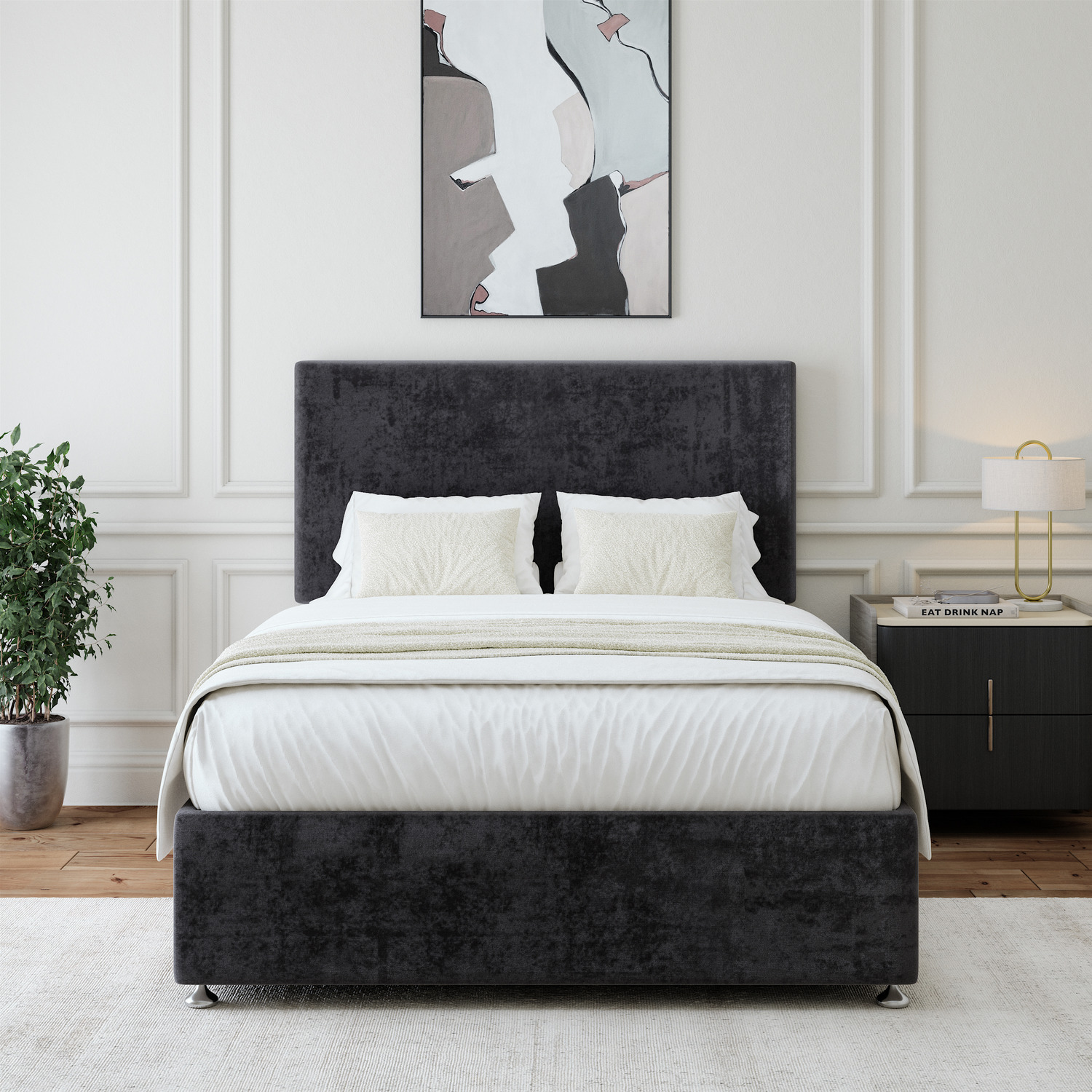 Luxury Velvet Divan Base With Storage And Plain Headboard - Colour Options - Black Small Double 40kg
