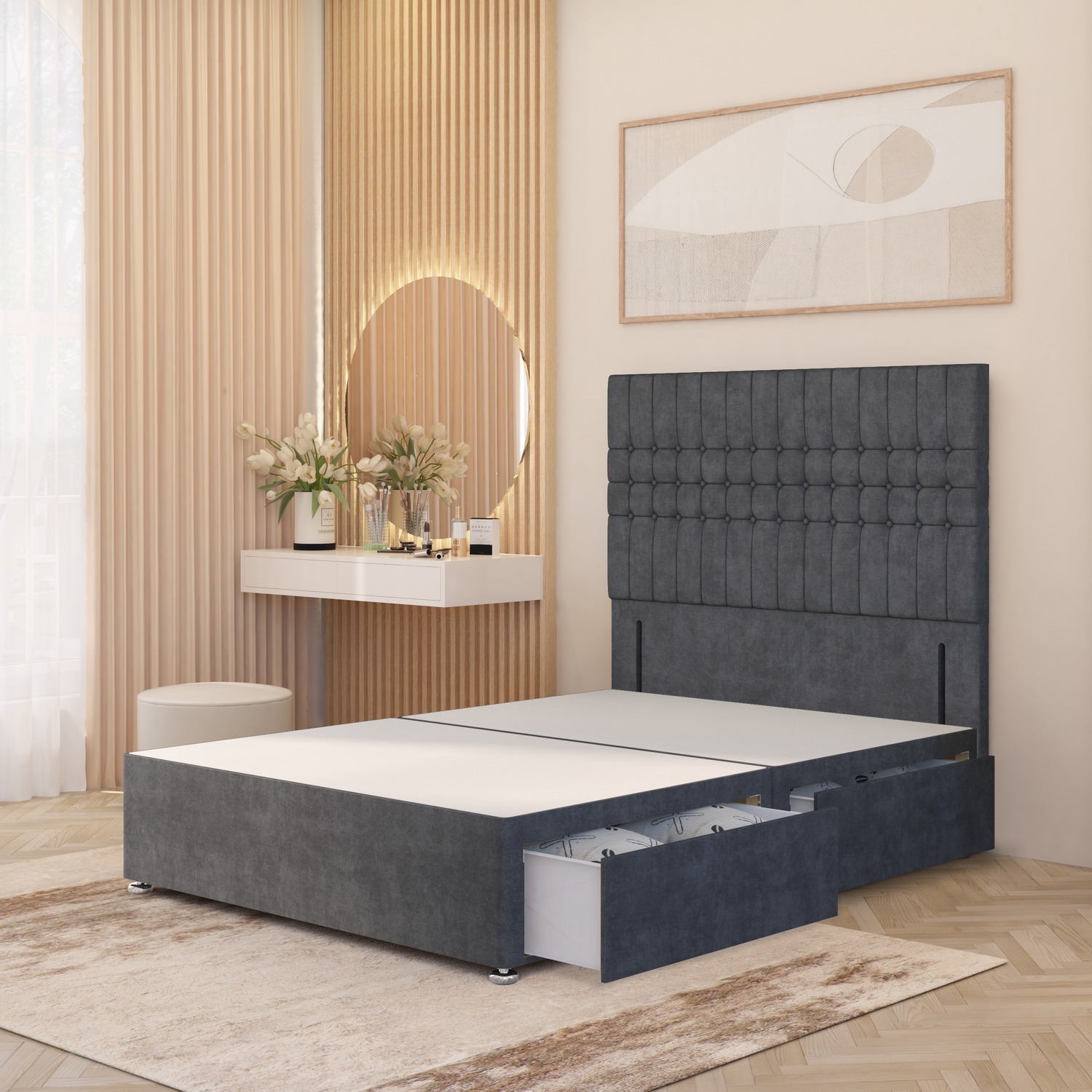 Lexington Divan Bed Base With 54 Floor Standing Headboard Plush Velvet - Charcoal Super King 66kg