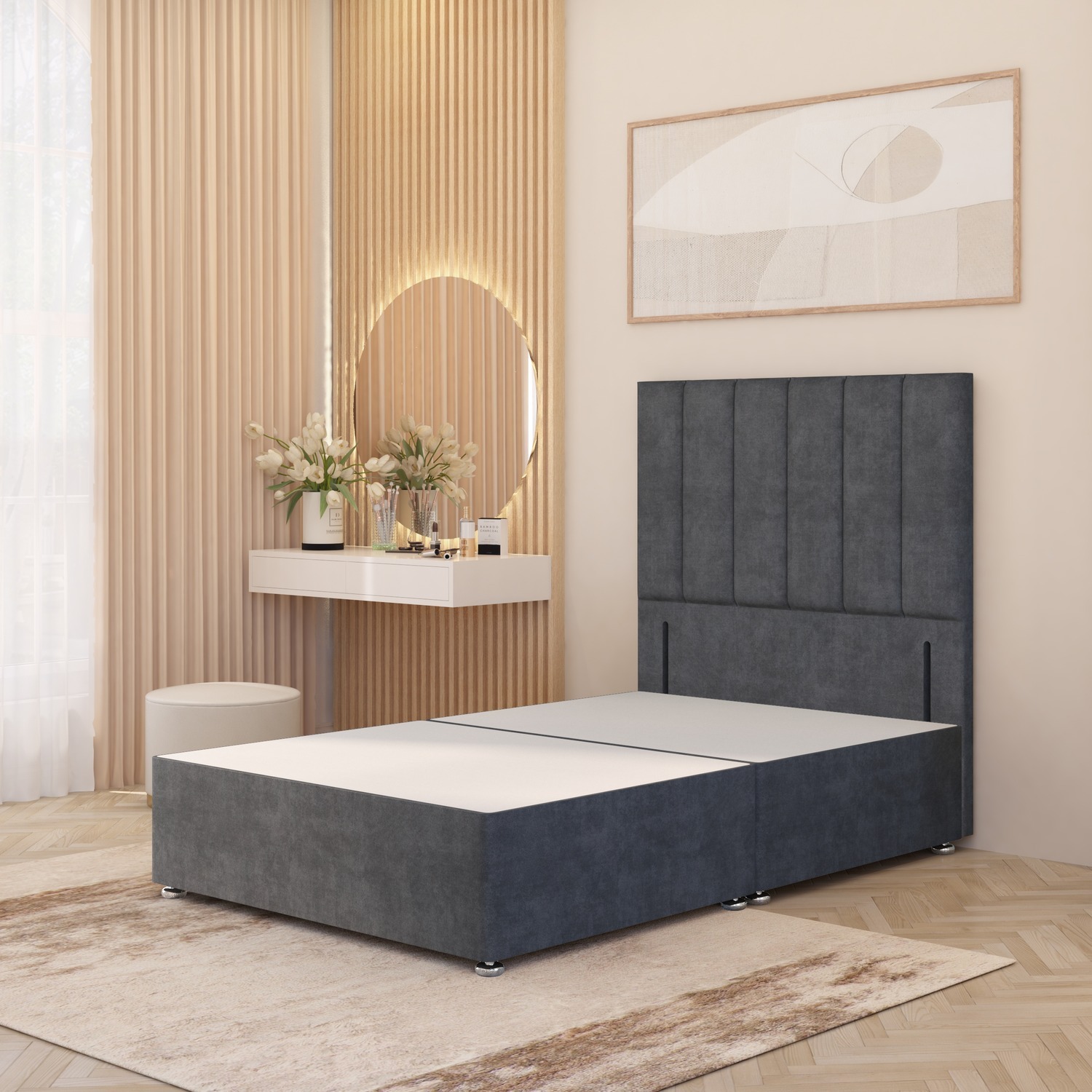 Austin Velvet Divan Bed Base With 54 Floor Standing Headboard And Drawers - Charcoal Small Double 32kg