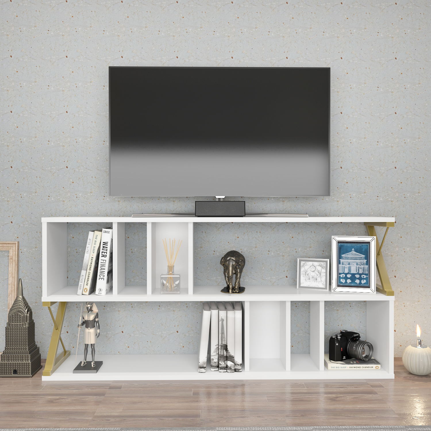 Decorotika Termassini Tv Unit Tv Stand For Tvs Up To 64" - White And Gold