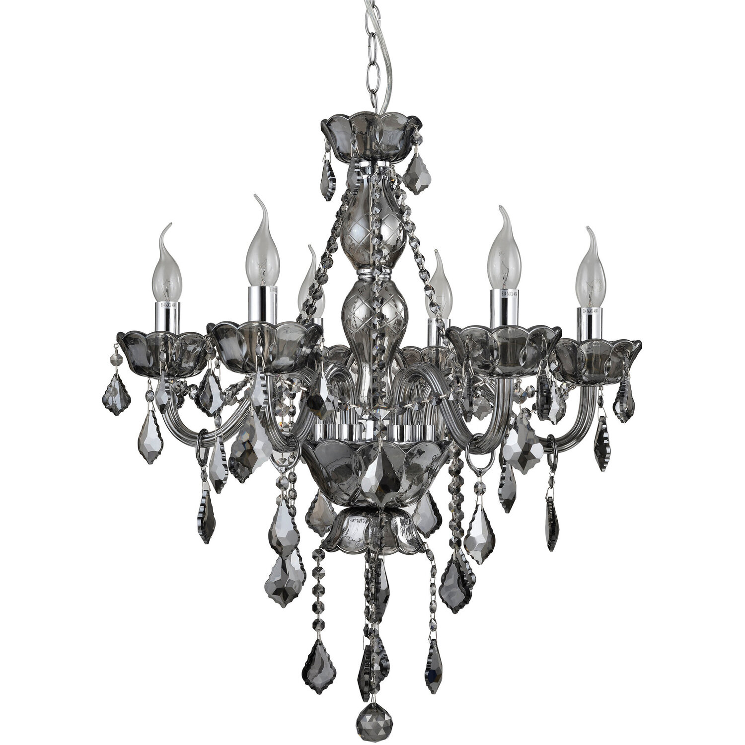 Interiors By Premier Morano 6 Bulb Smoked Crystal Glass Chandelier - Grey