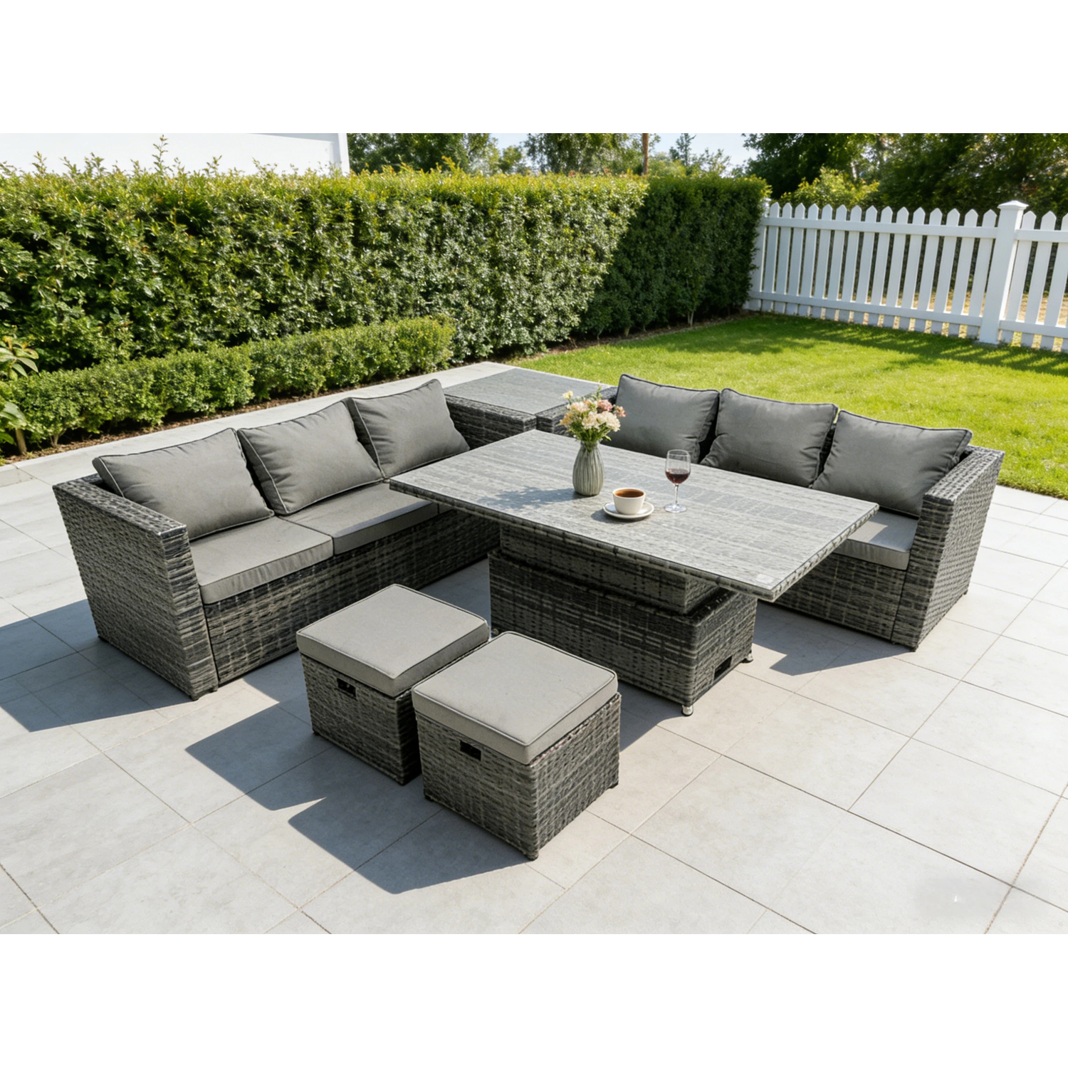 Fimous 8 Seater Wicker Rattan Rising Table Set + Footstool + Extra Side Table