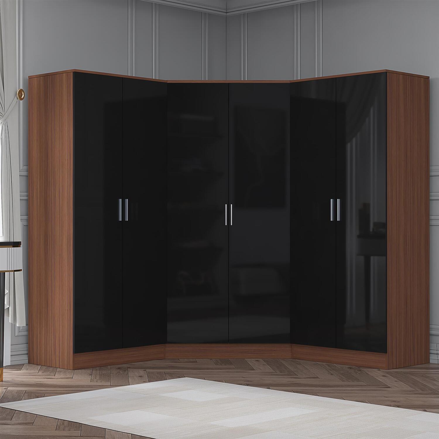 REFLECT Black Gloss Wardrobe Bundle - Corner + 2x 2 Door Plain - Black / Walnut - Image 6