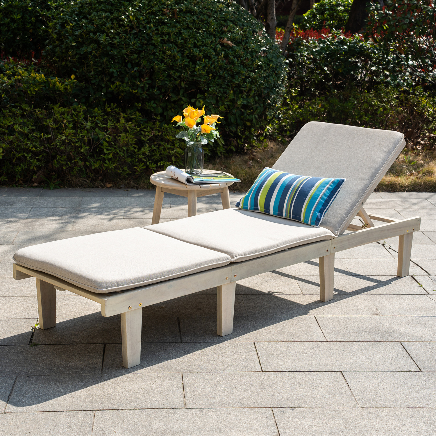 Abrihome Acacia Wood Outdoor Lounger With Table Set - Natural Wood / 32.3Kg