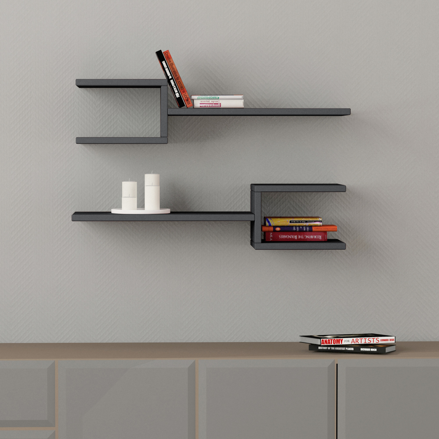Decortie Fork Modern Shelf Set - Anthracite Grey