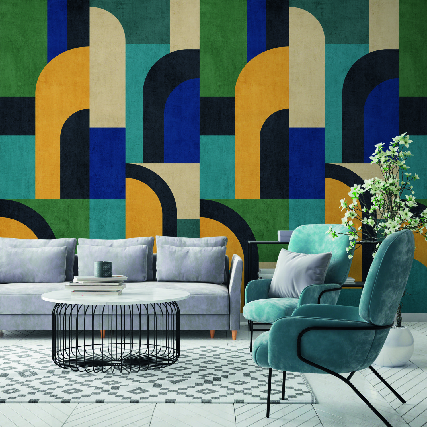 Grandeco Geo Modernist Shape 3 Lane Repeatable Wallpaper Mural - Blue