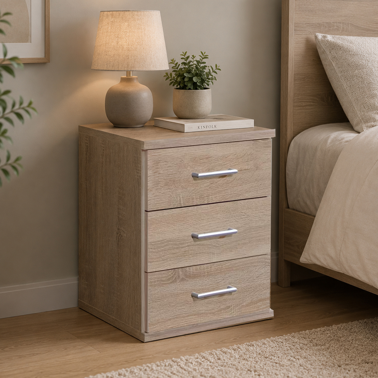 Kdmd Osaka Oak 3 Drawer Bedside Cabinet - Oak
