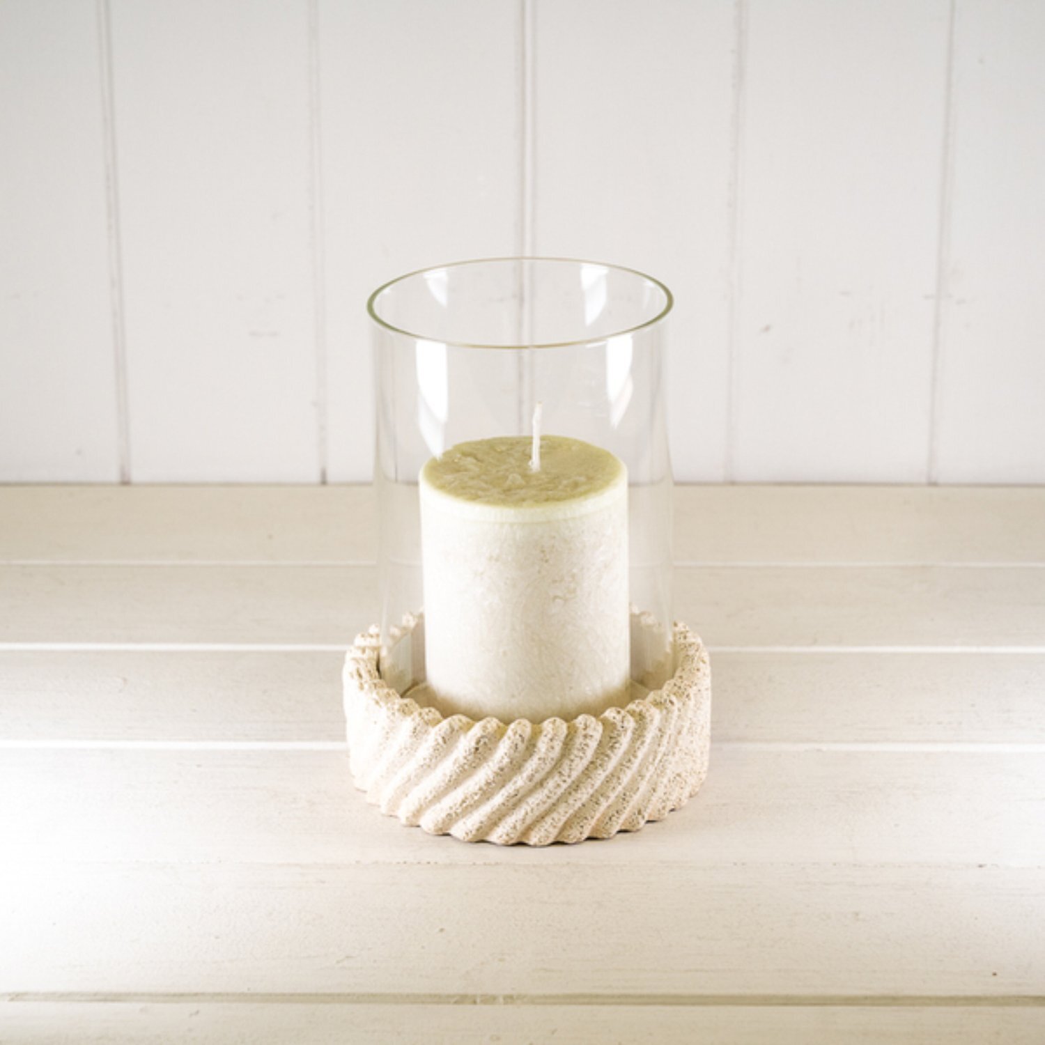 KDMD Tall Sandy Textured Hurrican Glass Candle Holder in Light Sand