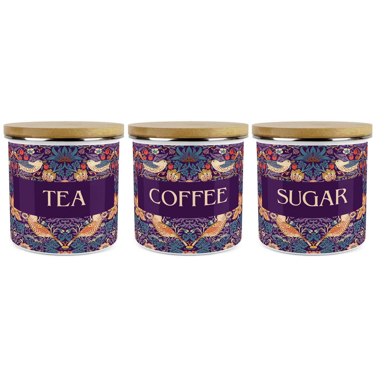 B&Q - Purple Strawberry Thief TeaCoffee & Sugar Storage Canisters Set Of 3Morris Inspired Floral Tapestry Artwork1.2L - Image 3