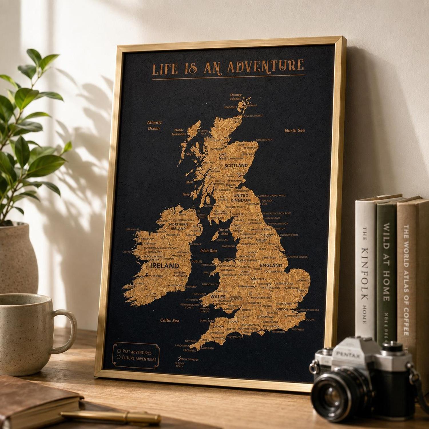 Splosh Travel Map Framed Cork Pin Board, 45 x 30.5 x 2 cm, Gold
