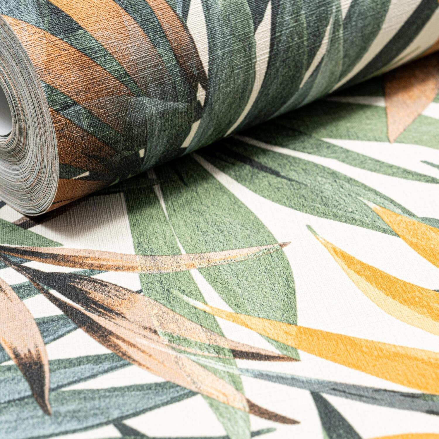 B&Q -  Green Tropical Leaf Wallpaper Ochre Soft Teal Botanical Foliage Textured Non-Woven Vinyl Paste The Wall Feature - Image 3