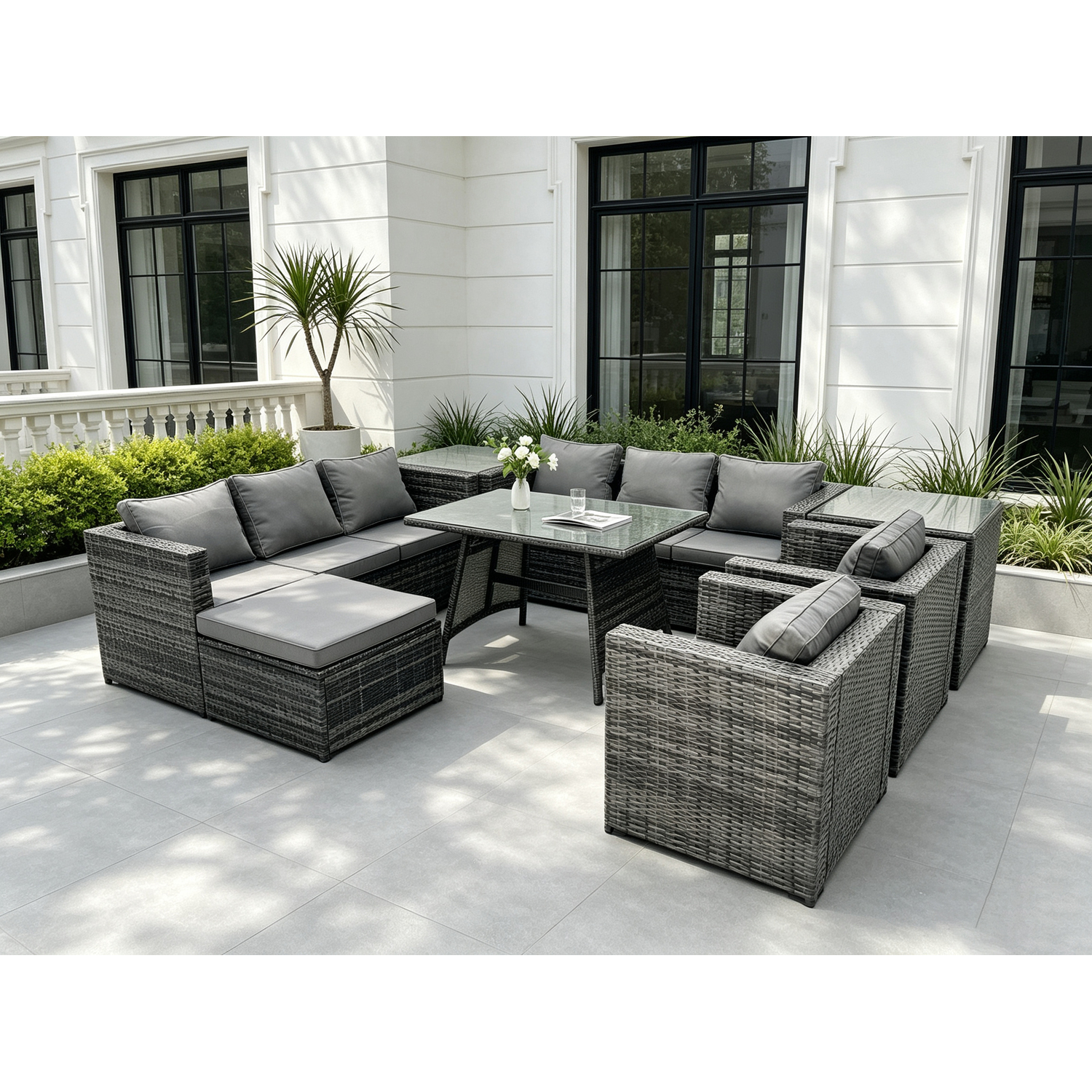 Fimous Dark/Grey Wicker Rattan Outdoor Furniture Lounge Sofa Garden Dining Set With Dining Table 2 Side Tables Big Footstool Armchairs 9 Seater Mixed - Image 2