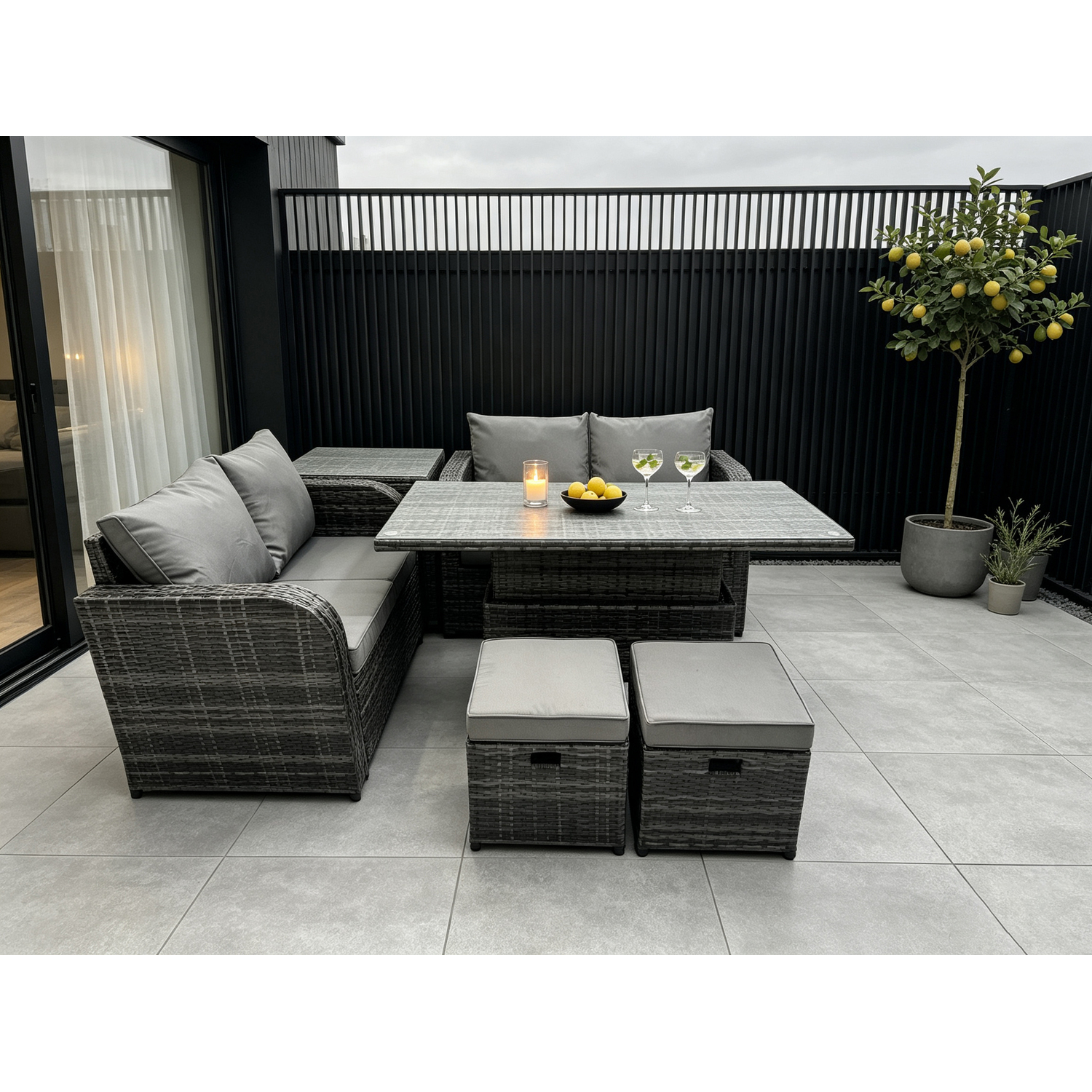 Rackhams Dark/Grey Outdoor Rattan Garden Dining Set - Mixed Height Adjustable Rising Lifting Table Love Sofa Set With 2 Small Footstools - Image 2