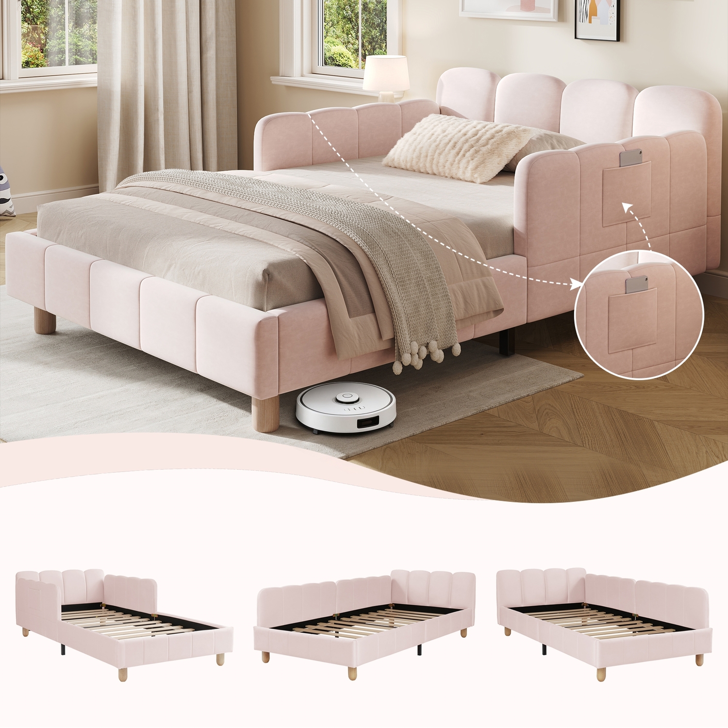 Aka Upholstered Bed With Headboard And Safety Rail - Pink
