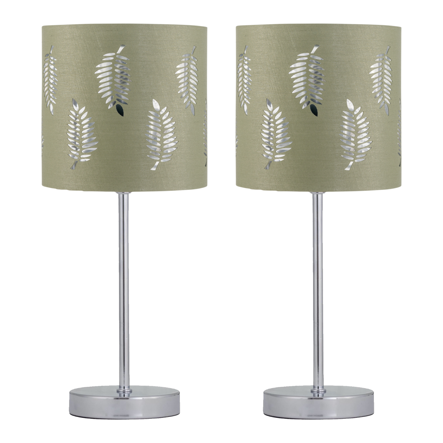Set of 2 Chrome Touch Operated Table Lamps with Sage Green Fern Shades - Image 2