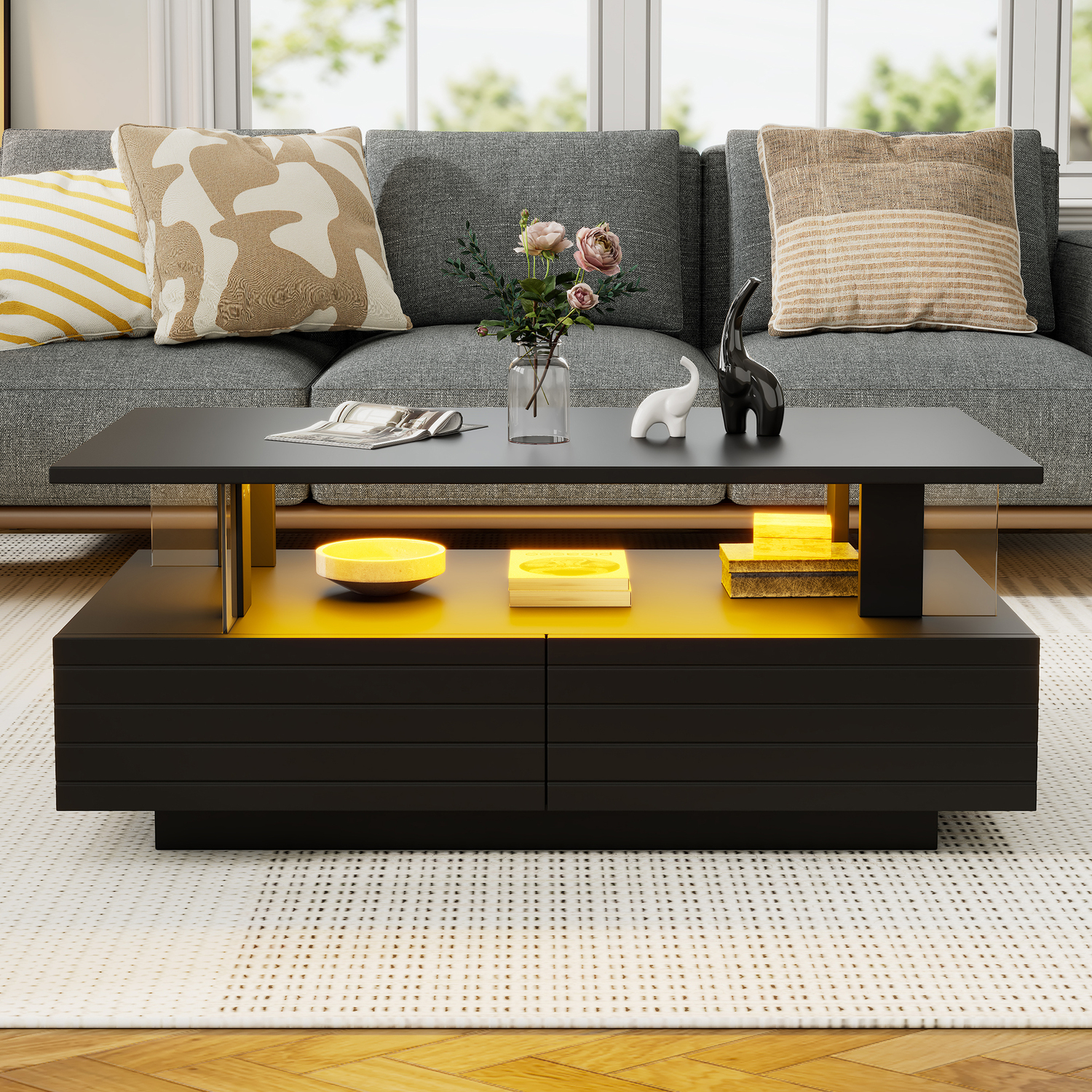 Aka Coffee Table With Open Storage, 2 Drawers And Led Lights - Black