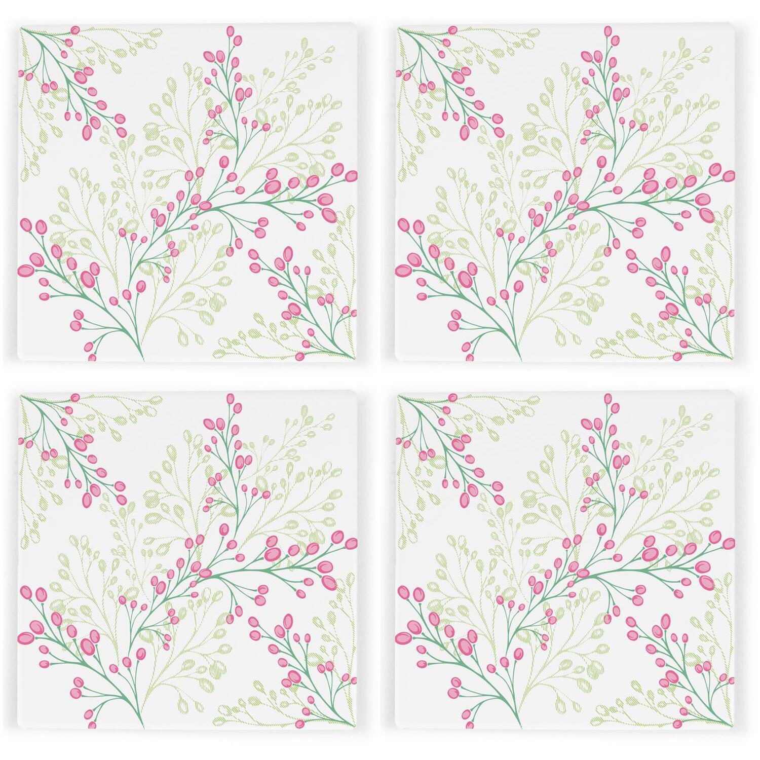 B&Q -  Pink Floral Ceramic Drinks Coaster SetSquare Set Of 4 Non-Slip Coasters Gift - Image 3
