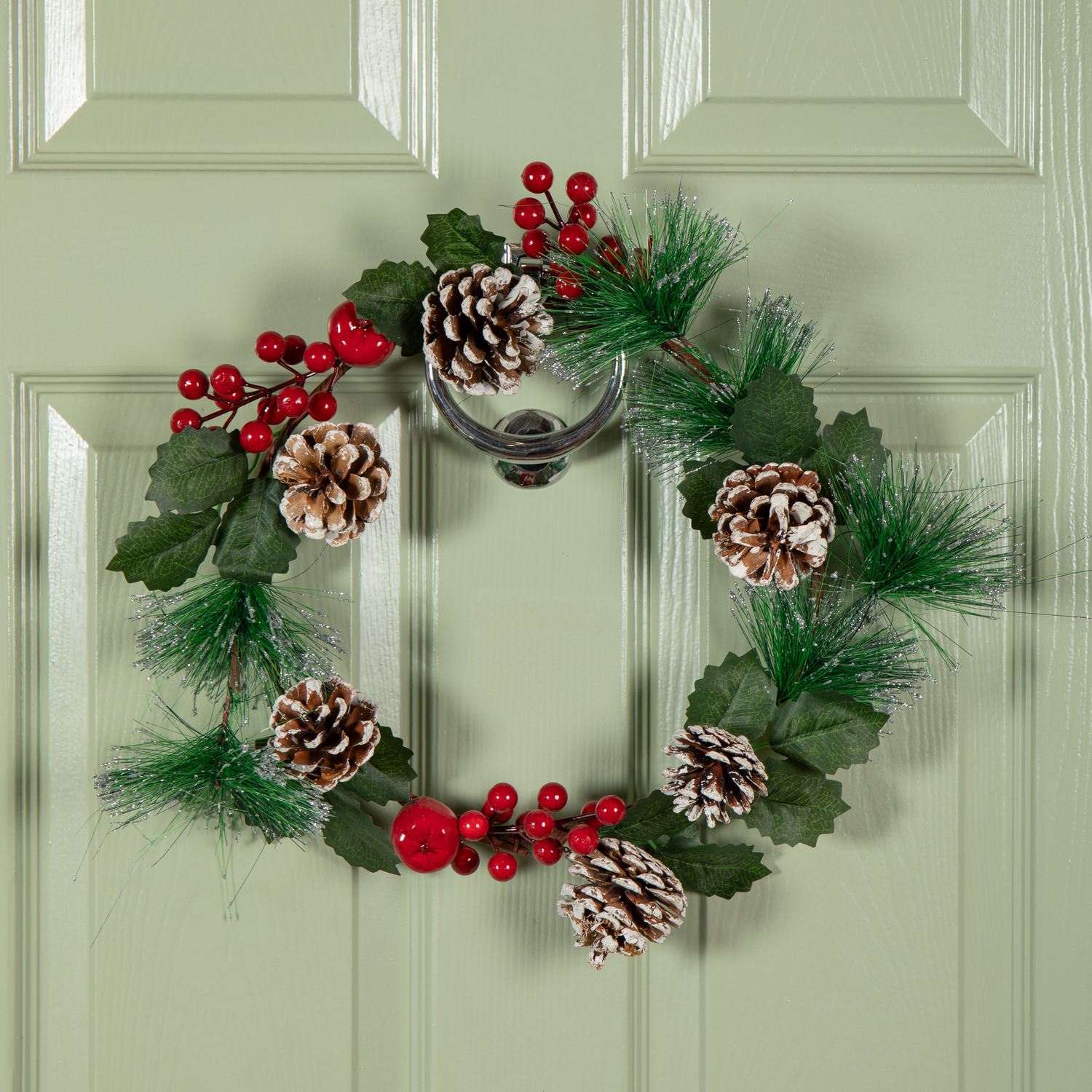 Red 45Cm Hanging Christmas Wreath With Berries And Frosted Pinecones - Image 4