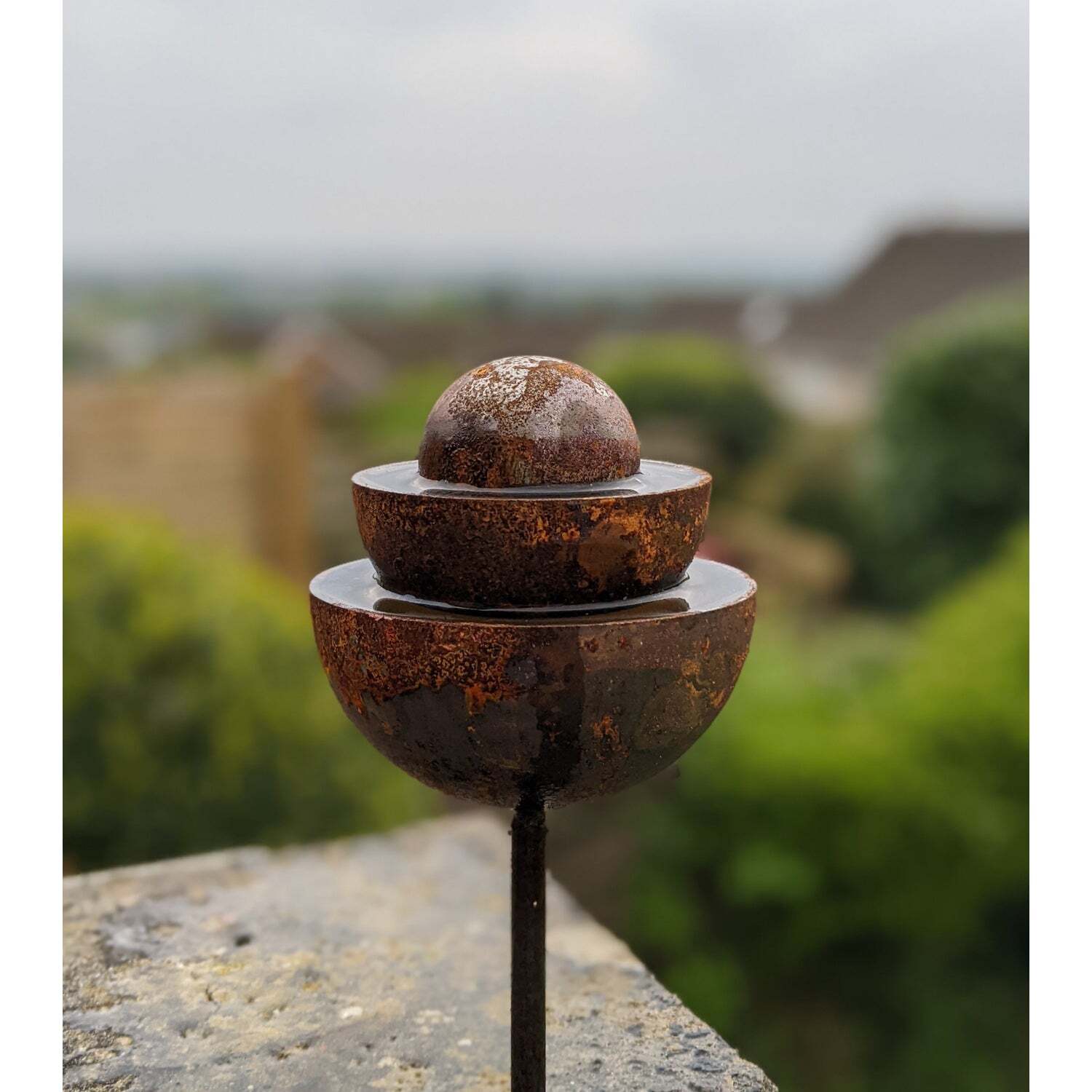  - Rusty Mild Steel Ball Stake Fountain 1MRain Catcher Water Feature For Garden BordersPatios And Flower Pots - Image 3
