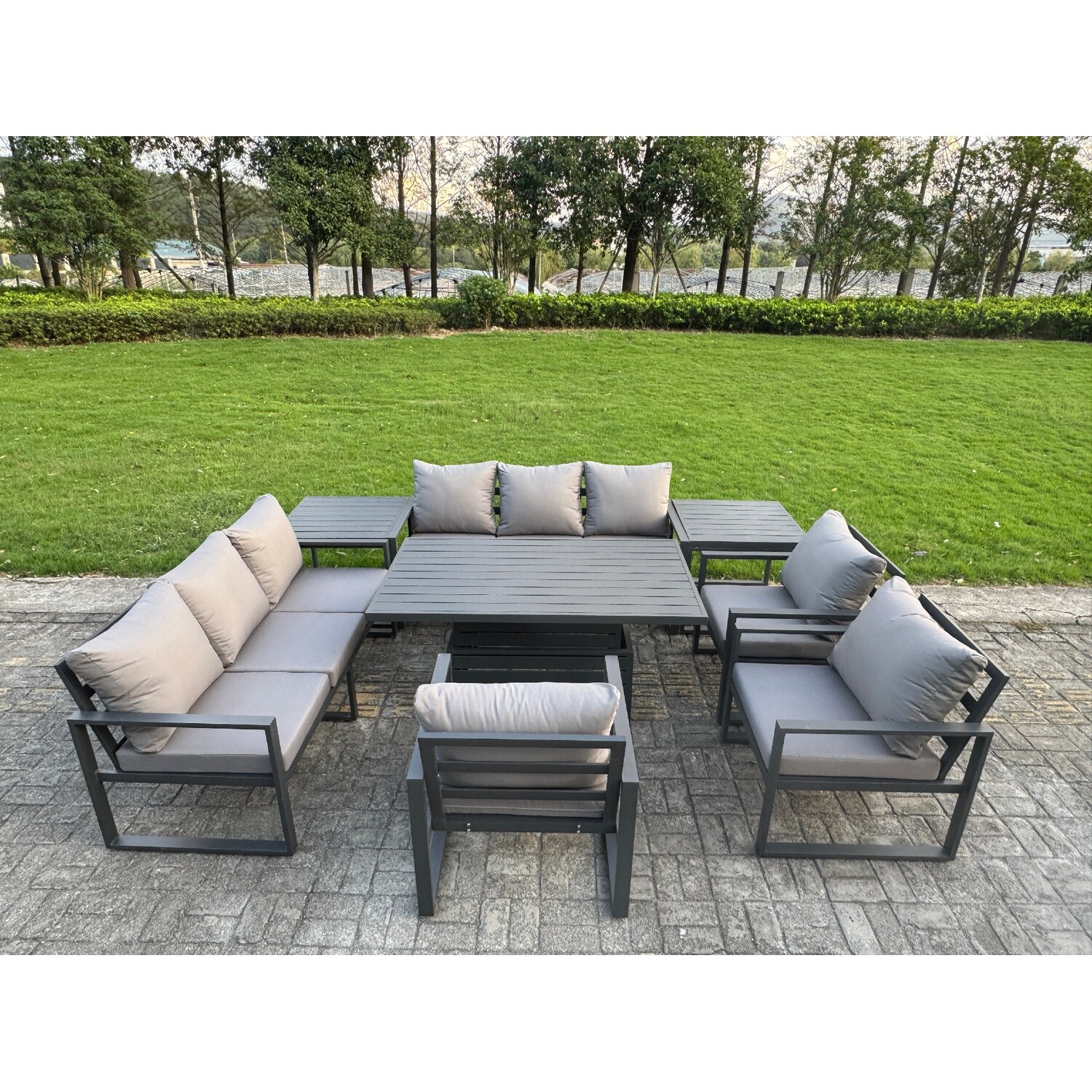 Fimous Grey 9 Seater Aluminium Garden Furniture Set With Adjustable Rising Dining Table, 2 Sofas, 2 Side Tables & 3 Chairs - Image 3