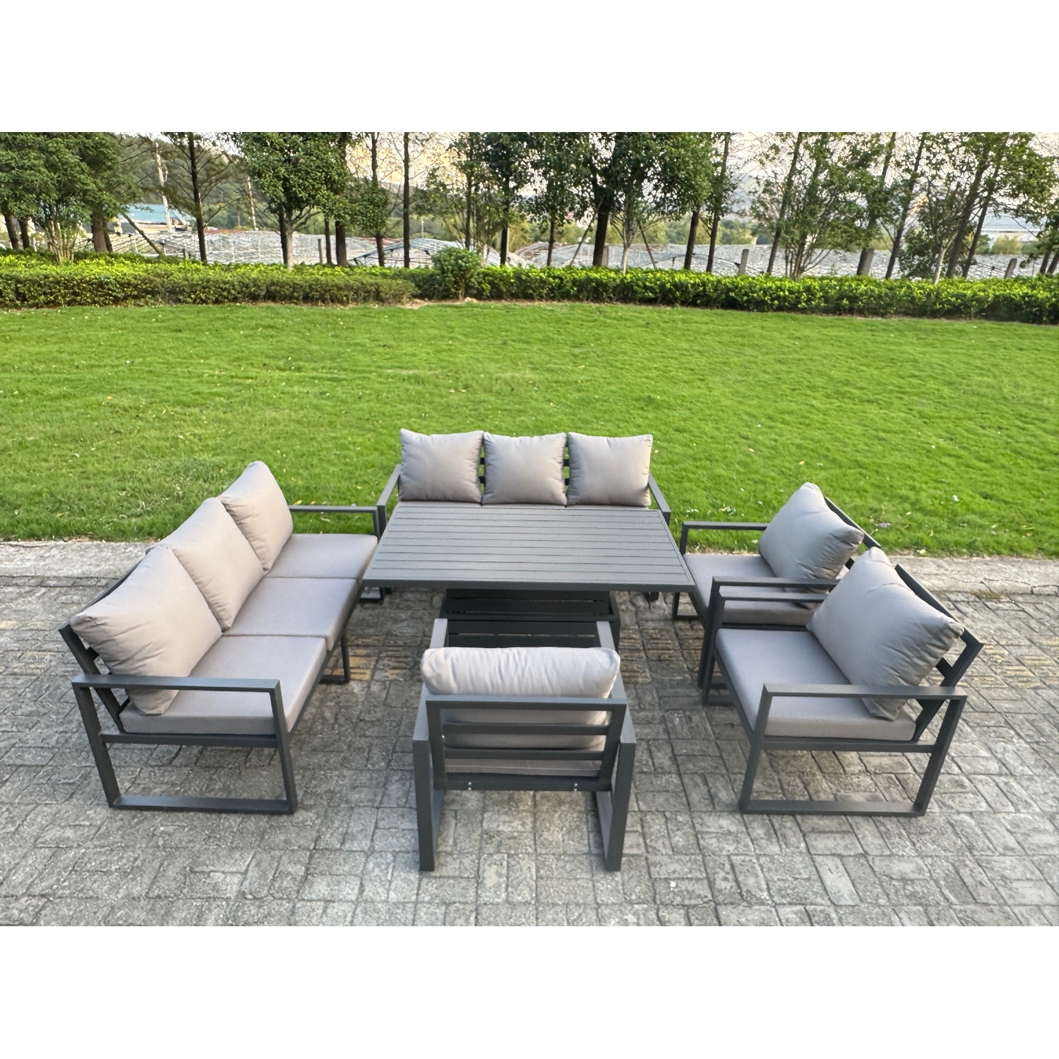 Fimous 6 Piece Garden Furniture Set 9-Seater Aluminium Outdoor Dining Set With Adjustable Rising Lifting Dining Table & Cushions 3 Chairs Dark Grey - Image 3