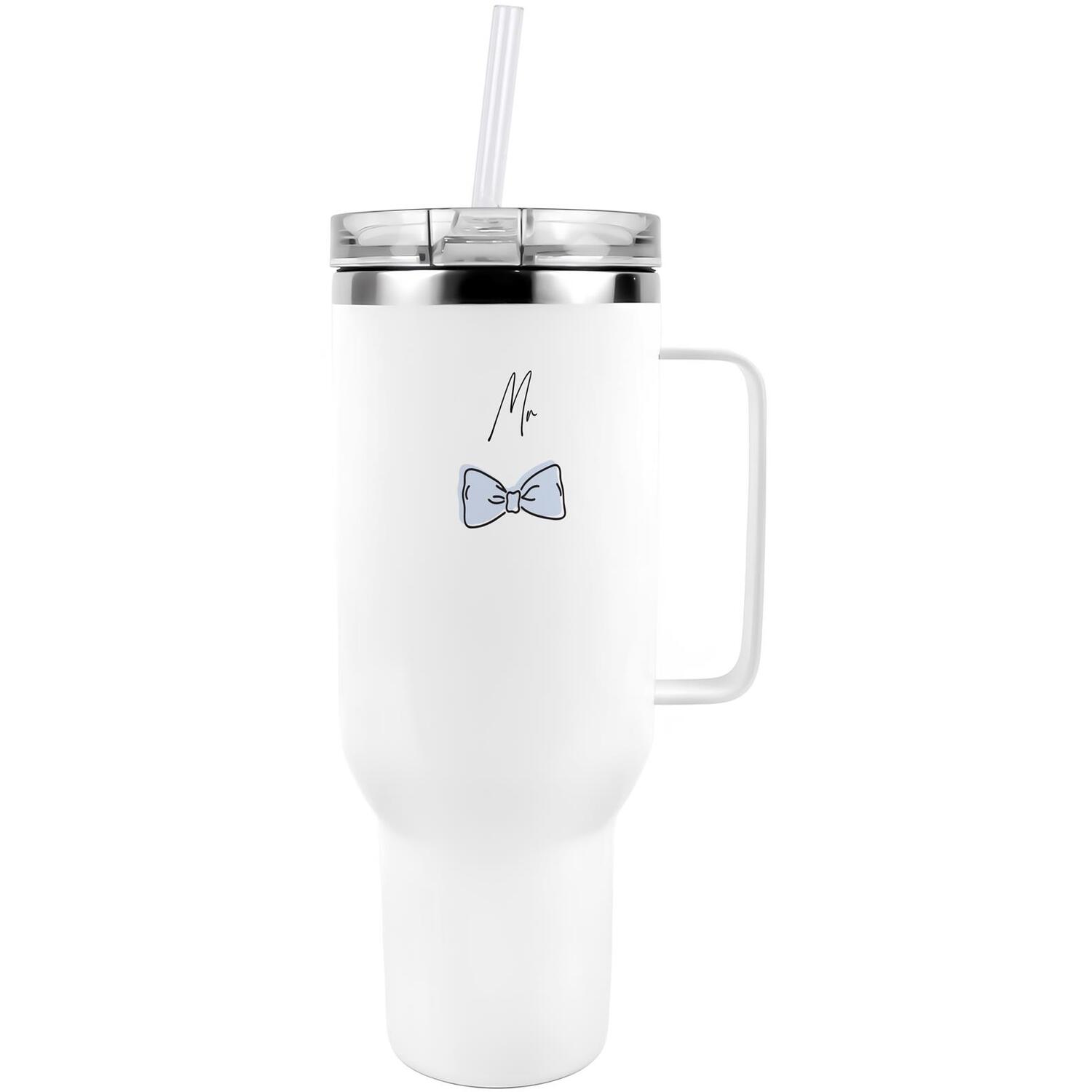 B&Q -  Mr' Blue Bow Tie Design 40Oz Stainless Steel Xl Travel Cup With Straw And Lid - Image 3
