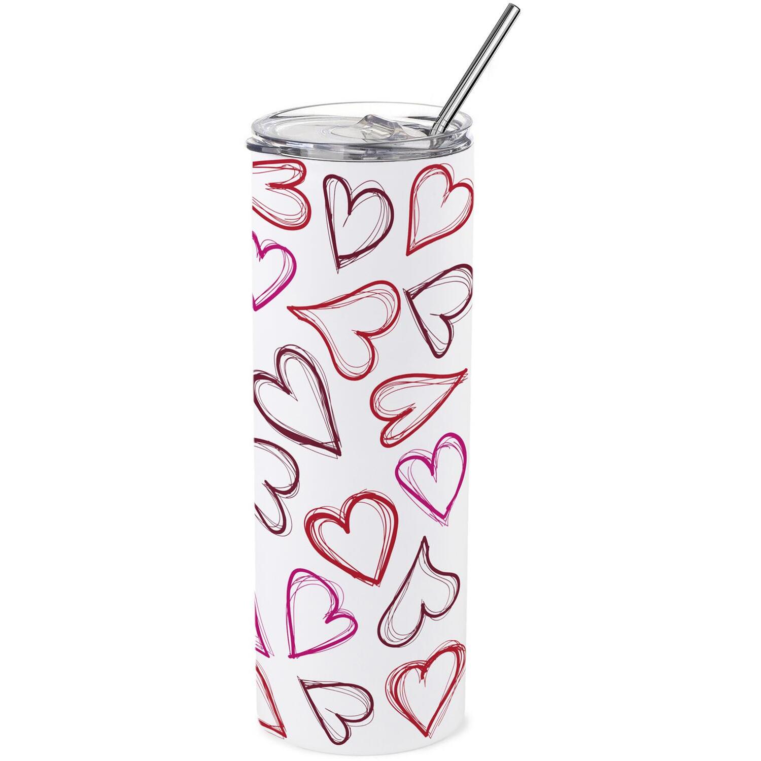 Heart Drawings Travel Flask - Reusable Metal Drinks Cup Gift with Straw - Image 2