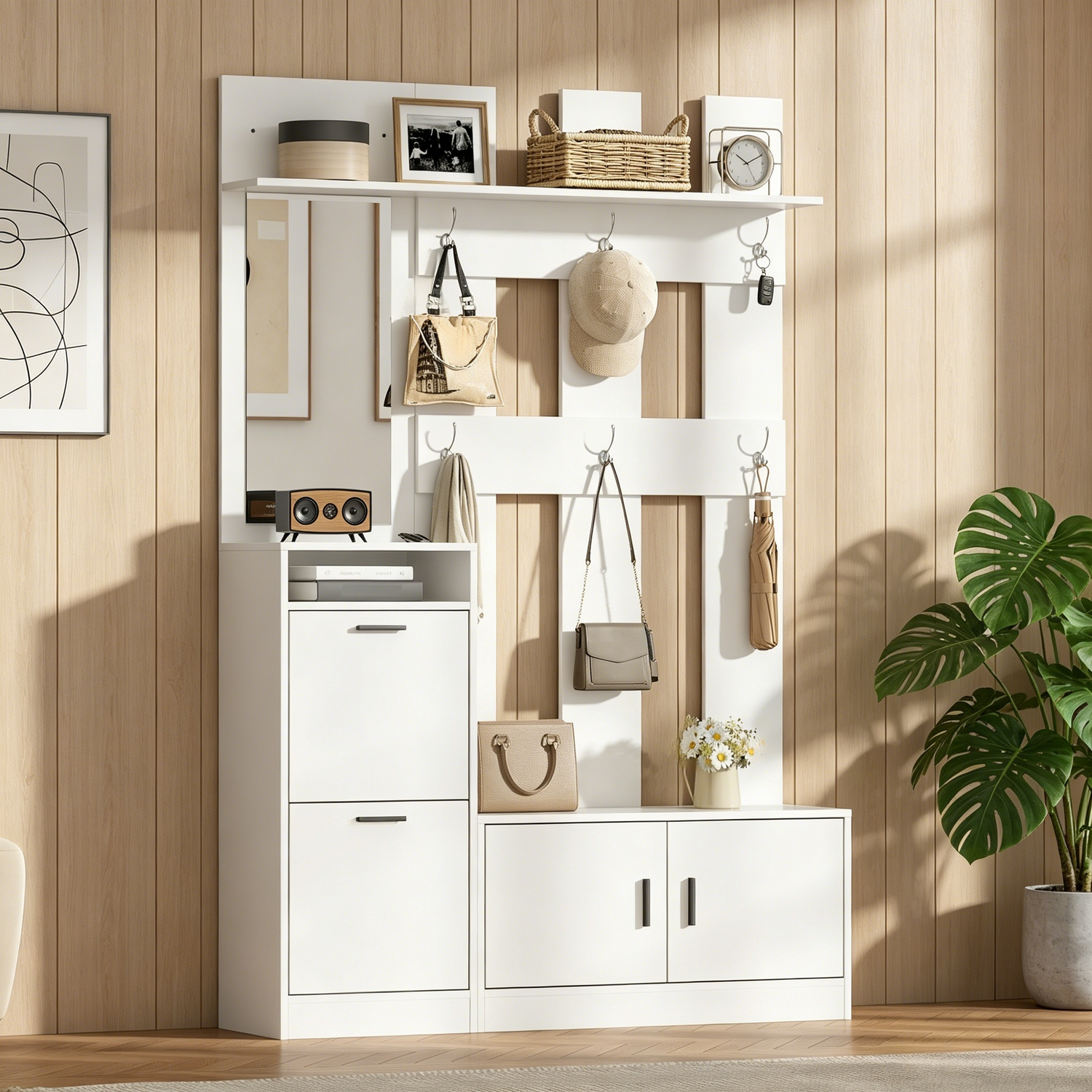 Aka Modern White Hallway Unit With Mirror, Coat Hooks And Shoe Storage Bench