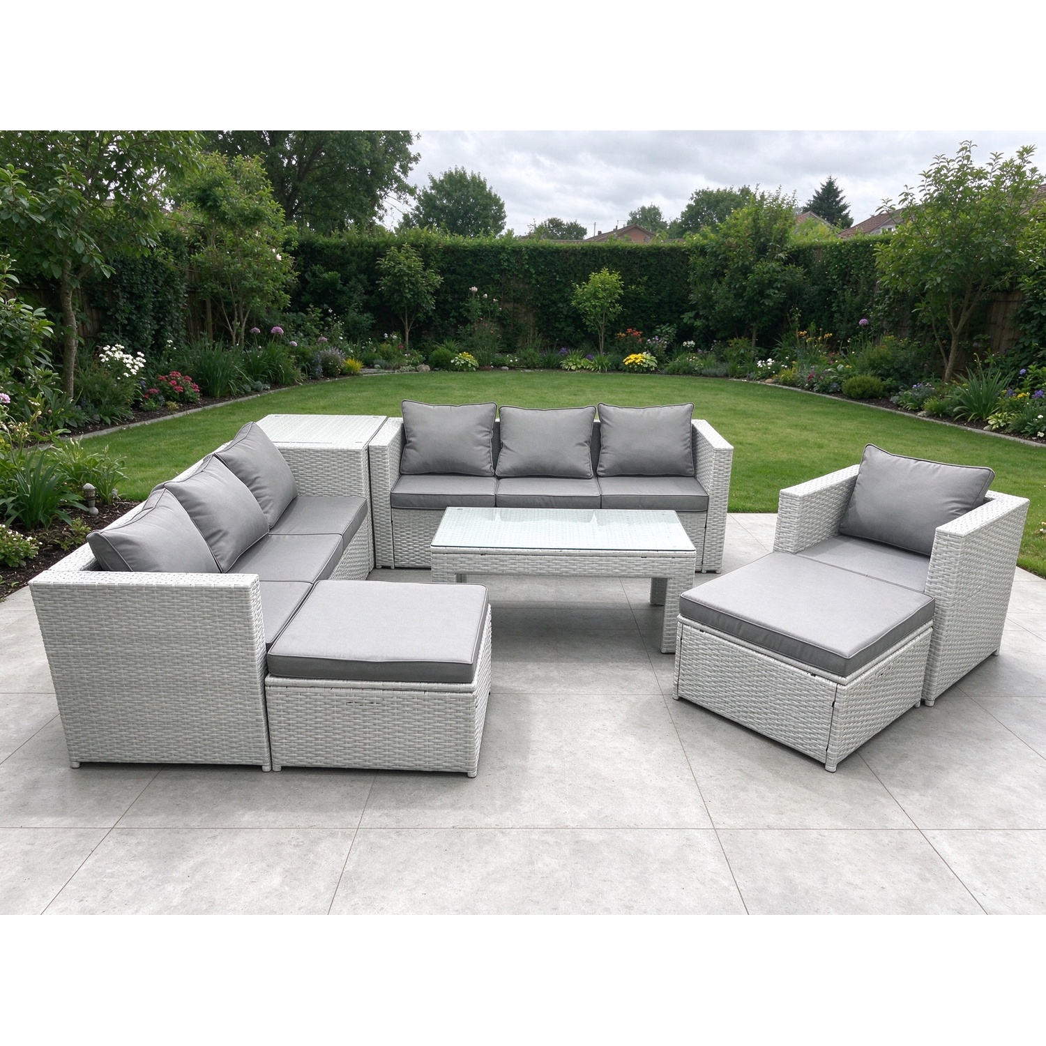 Fimous Light/Grey Wicker Pe Rattan Sofa Garden Furniture Set With Oblong Coffee Table Armchair 2 Big Footstools Side Table Mixed - Image 2