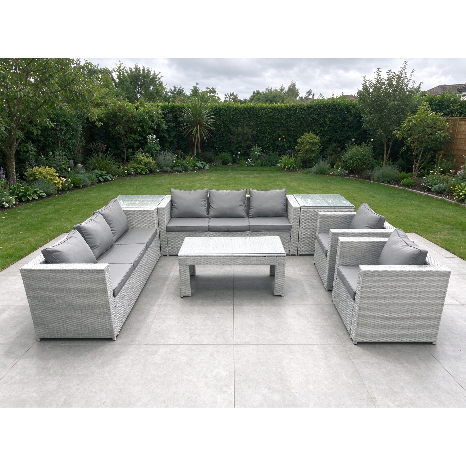 Fimous Outdoor Garden Furniture Rattan Sofa Set With 2 Armchairs Oblong Coffee Table 2 Side Tables Light Grey Mixed - Image 3