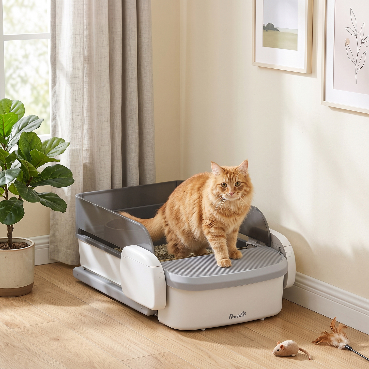Pawhut Grey/White Self Cleaning Cat Litter Tray, Open-Top Automatic Litter Box With App - Image 2