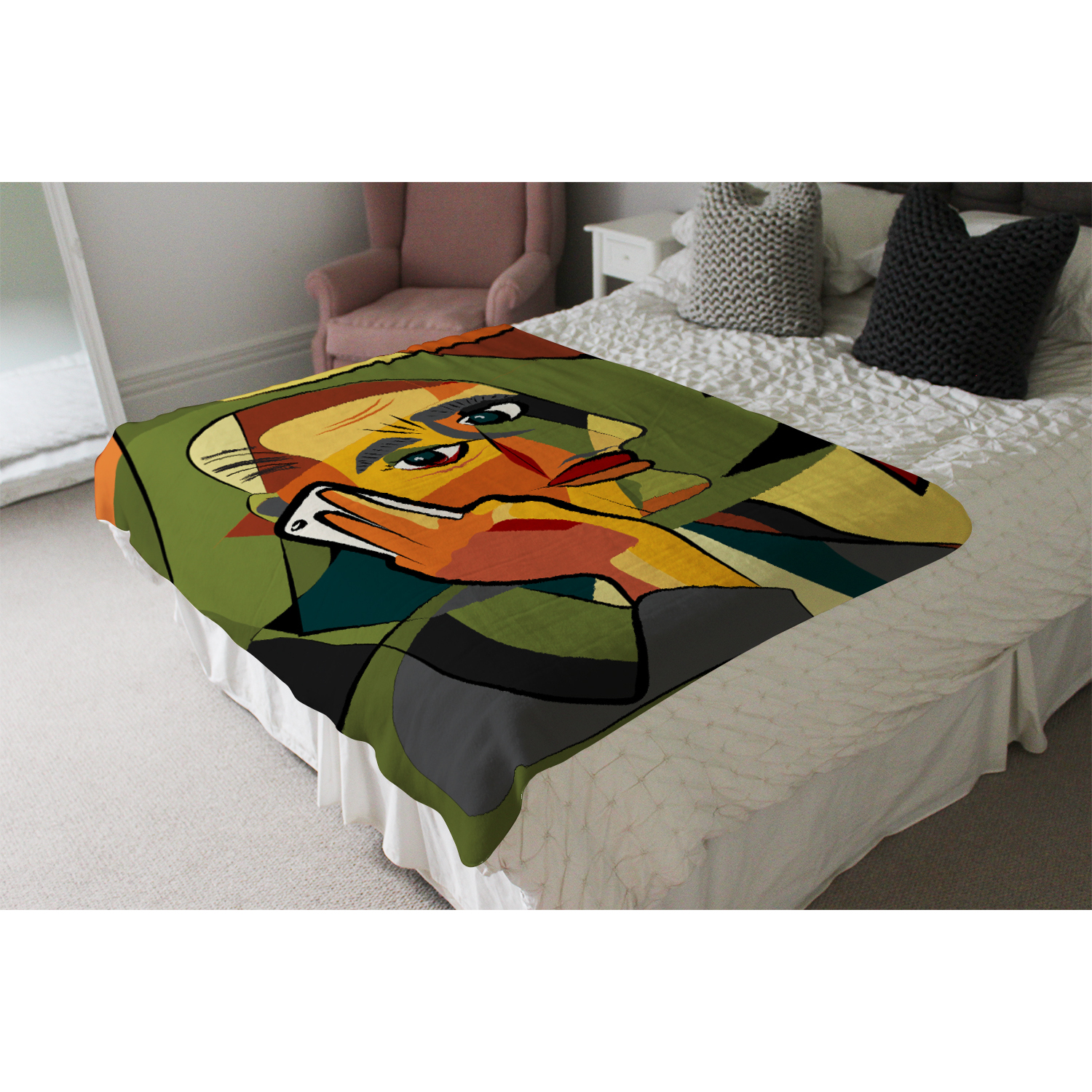 Portrait Cubism Art Style,Man Calls On A Phone Blanket - Green