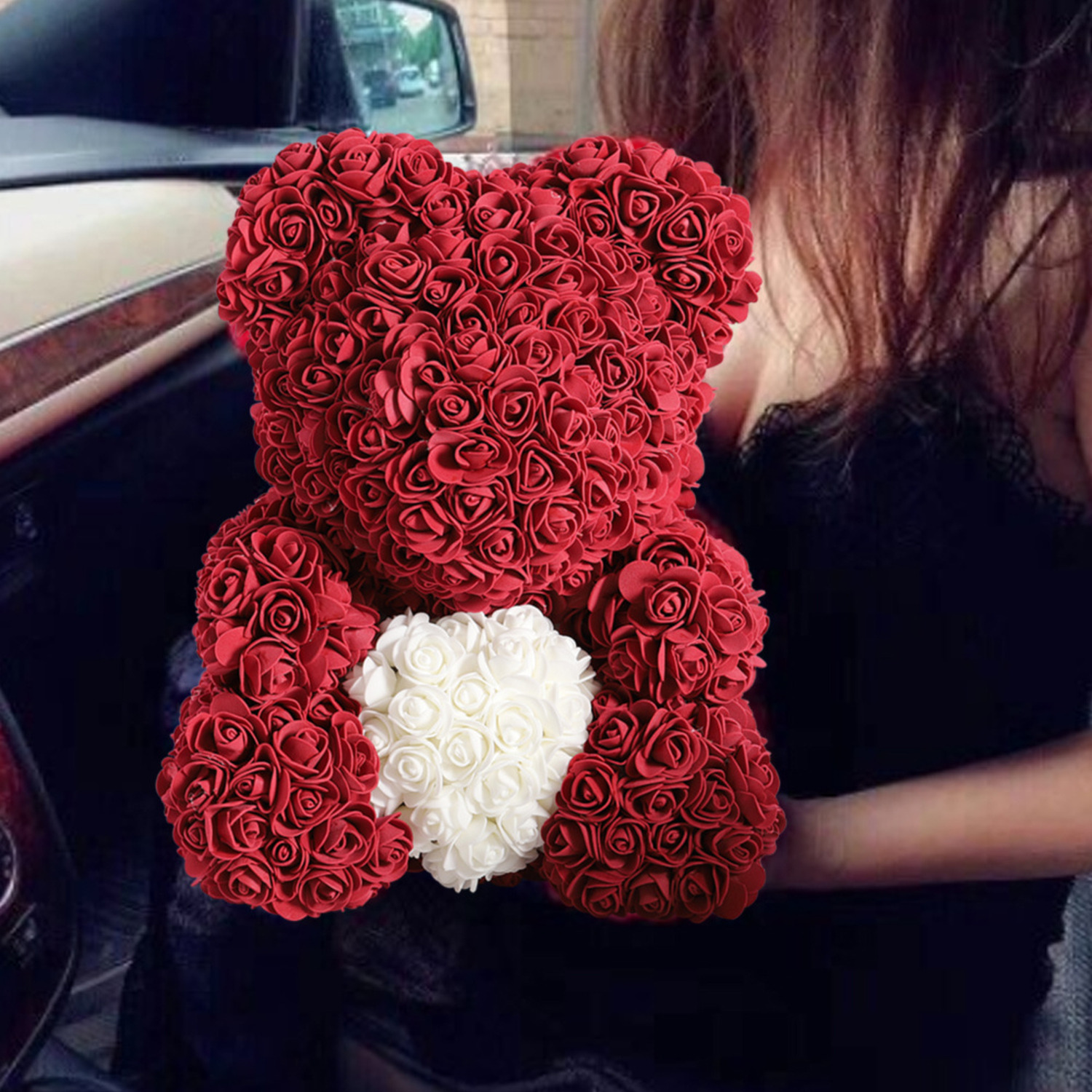 Image of Artificial Flower Teddy Bear Foamy Doll With Loving Heart Light String - Wine Red