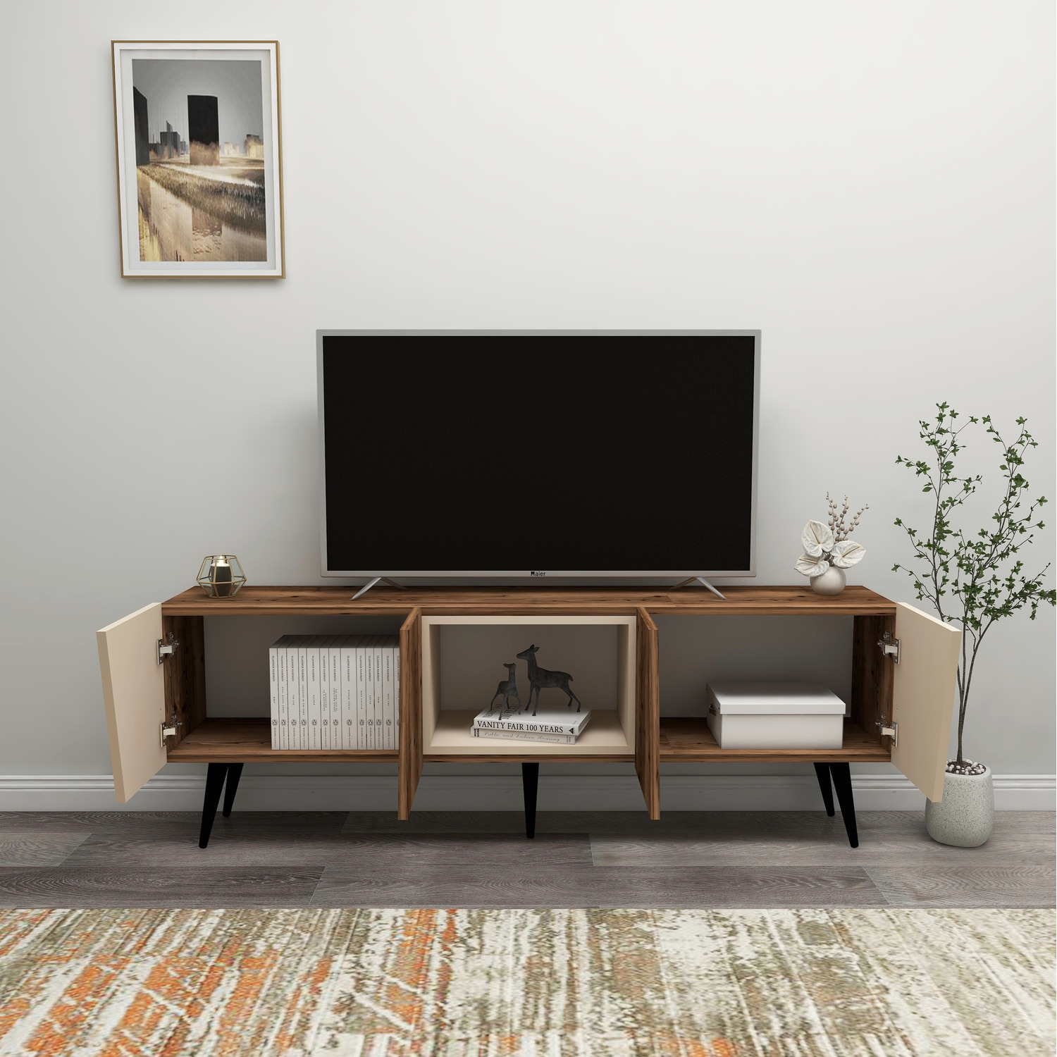 Tv Stand And Media Console Curve - Beige - Light Walnut
