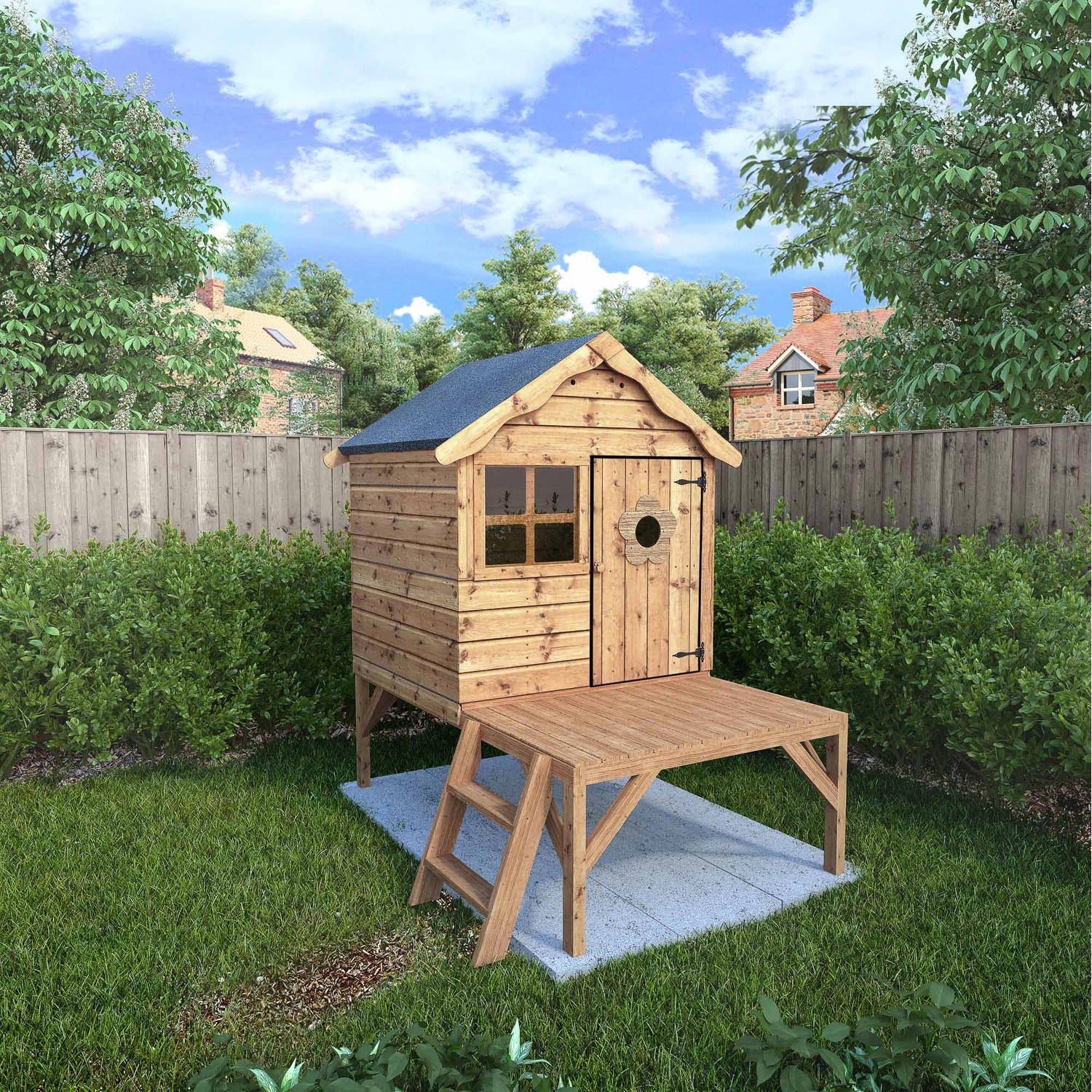 4 x 4 Snug Wooden Playhouse Shiplap Garden Wendy House - Brown / Playhouse with Tower