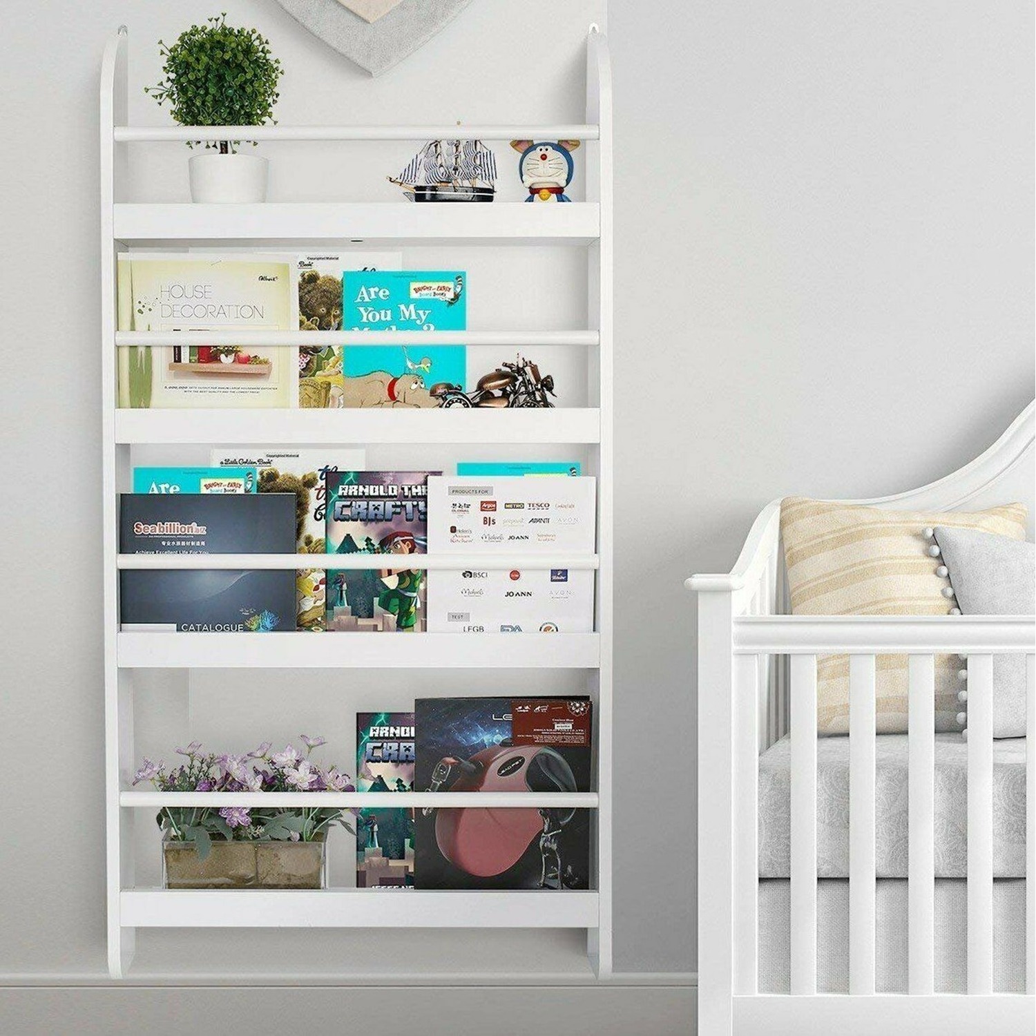 Wall Mounted Childrens Bookcase Display Bookshelf Storage Shelving Rack - White