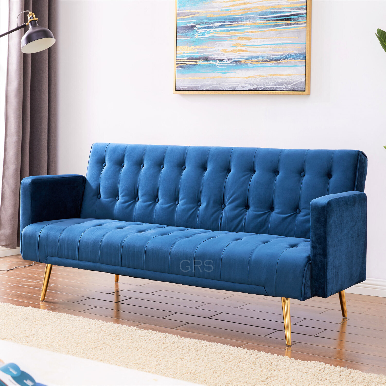 GRS - Molly 3 Seater Velvet Sofa Bed With Metal Legs - Blue thumbnail