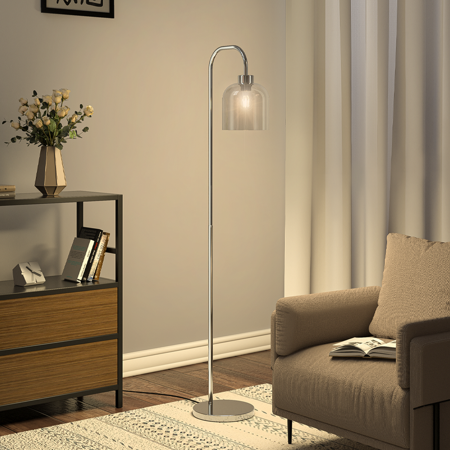Bedroom Standard Floor Lamp Metal Base With Transparent Glass Lampshade - Chrome